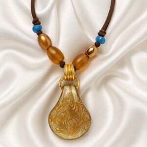 Handcrafted Teardrop Pendant Necklace w/ Gold, Amber, and Blue Beads — Statement